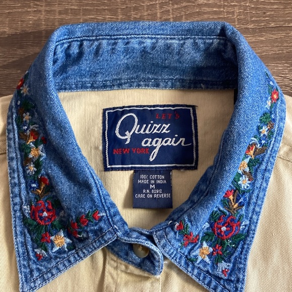 Vintage Women’s Quizz Again Floral Embroidered ButtonDown Denim Khaki Boho Shirt - Picture 3 of 7